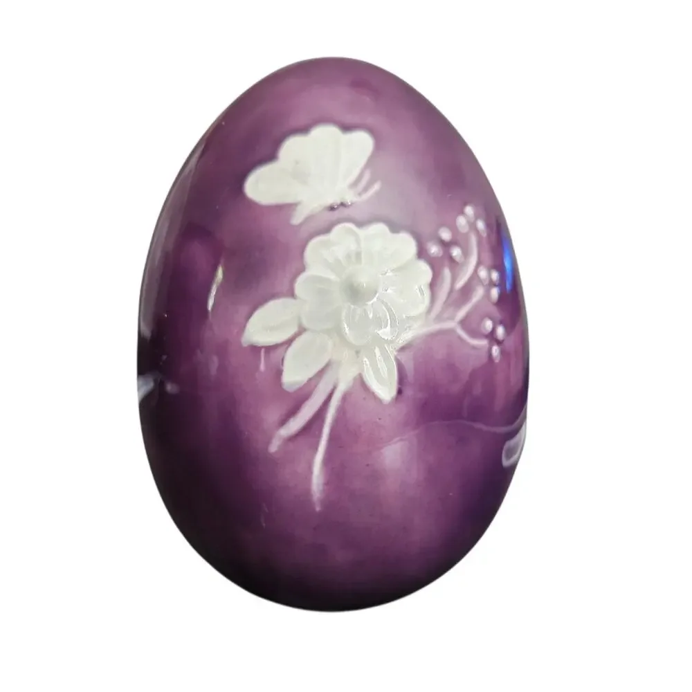 Vintage Hand Painted Purple Ceramic Floral Decorative Egg Figurine